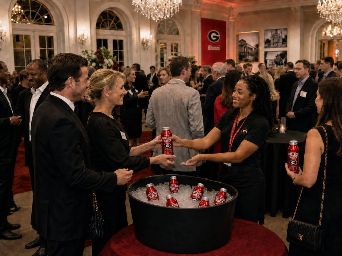 Guests at an alumni reception taking bottles from an ice tub