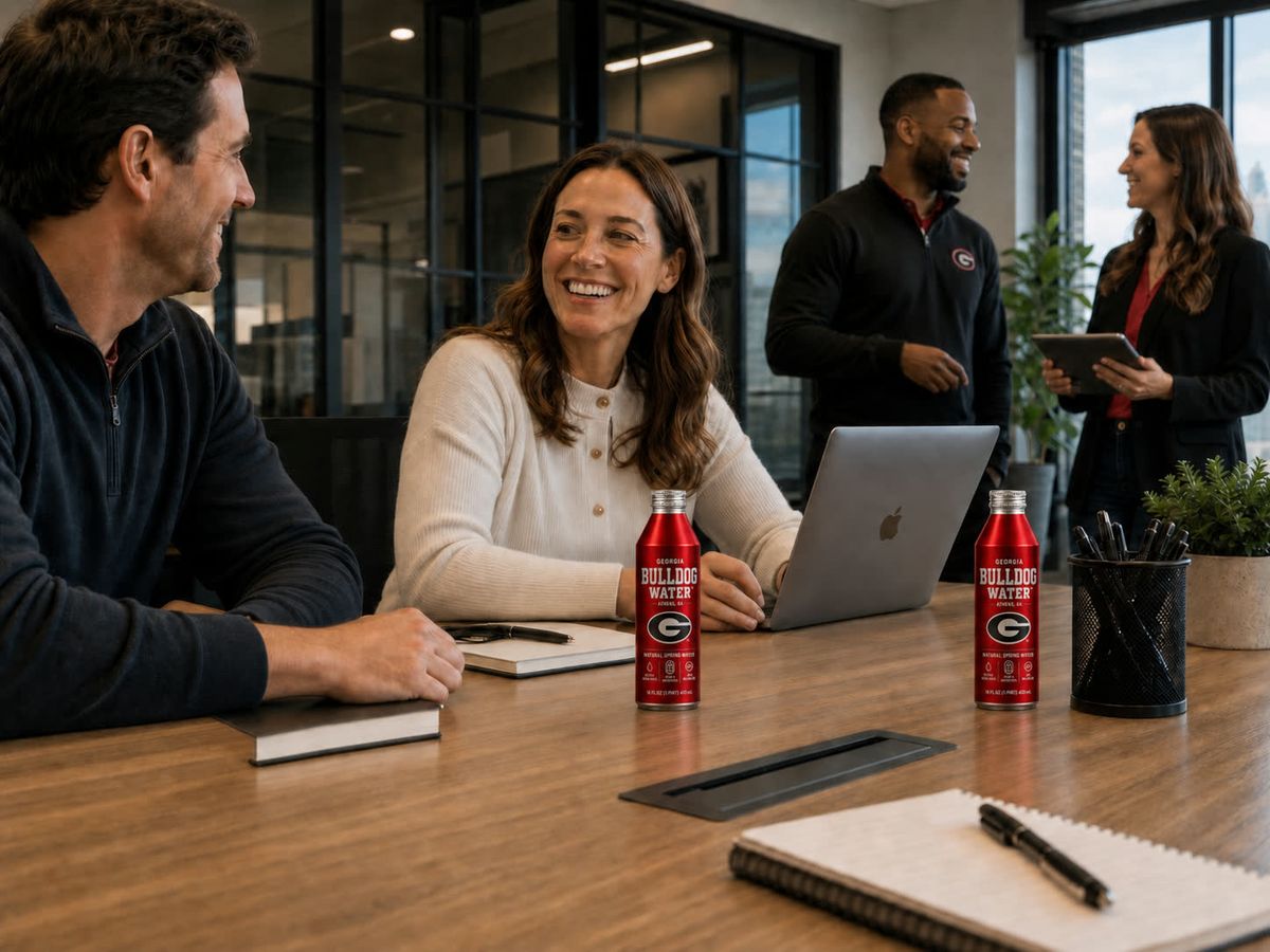 Colleagues in an office with Bulldog Water on the table