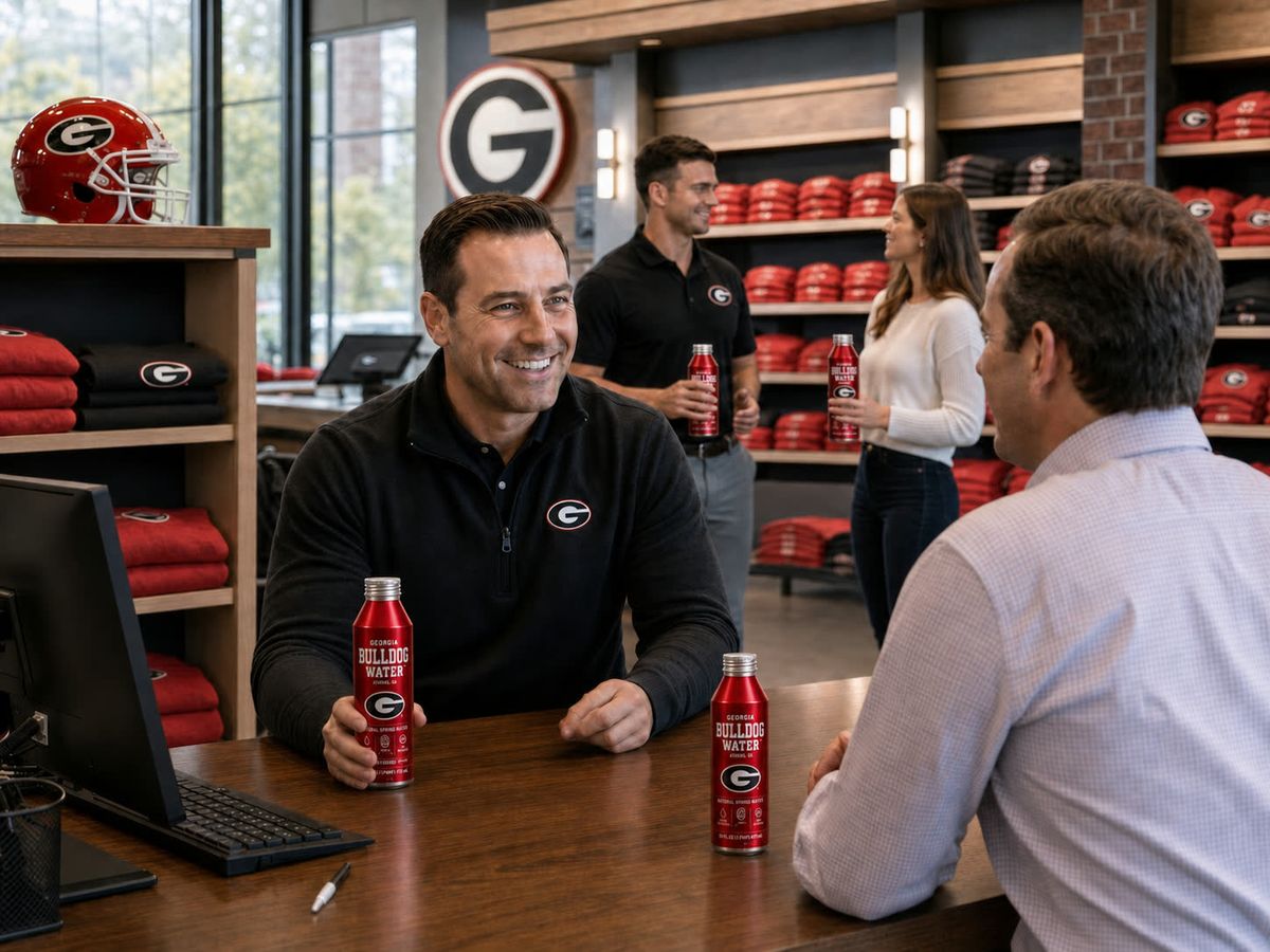 Retail counter stocked with Bulldog Water