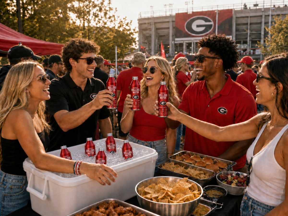 Tailgate table with a cooler of Bulldog Water