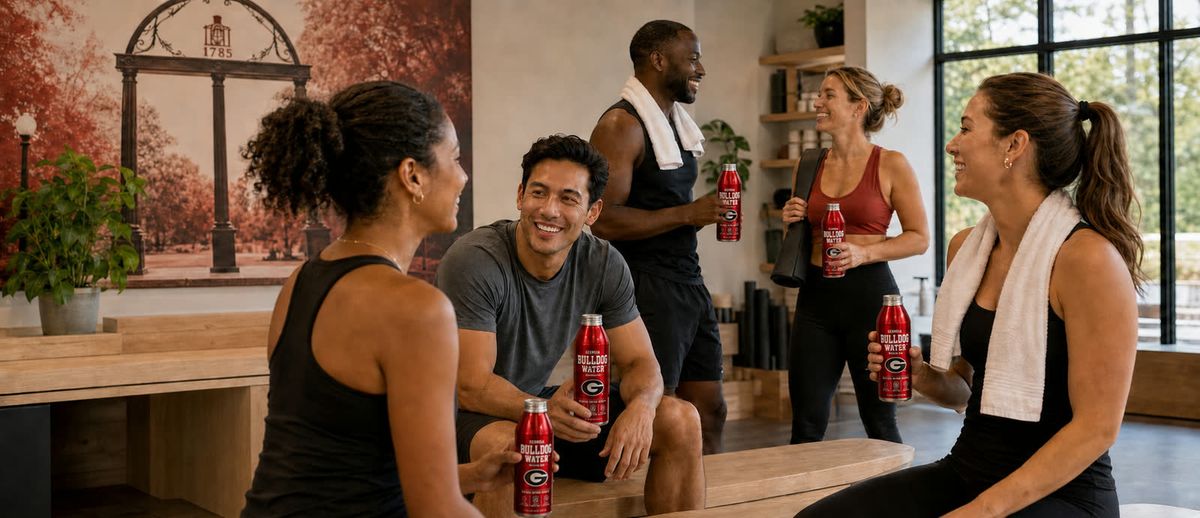 People at a fitness studio with bottles of Bulldog Water