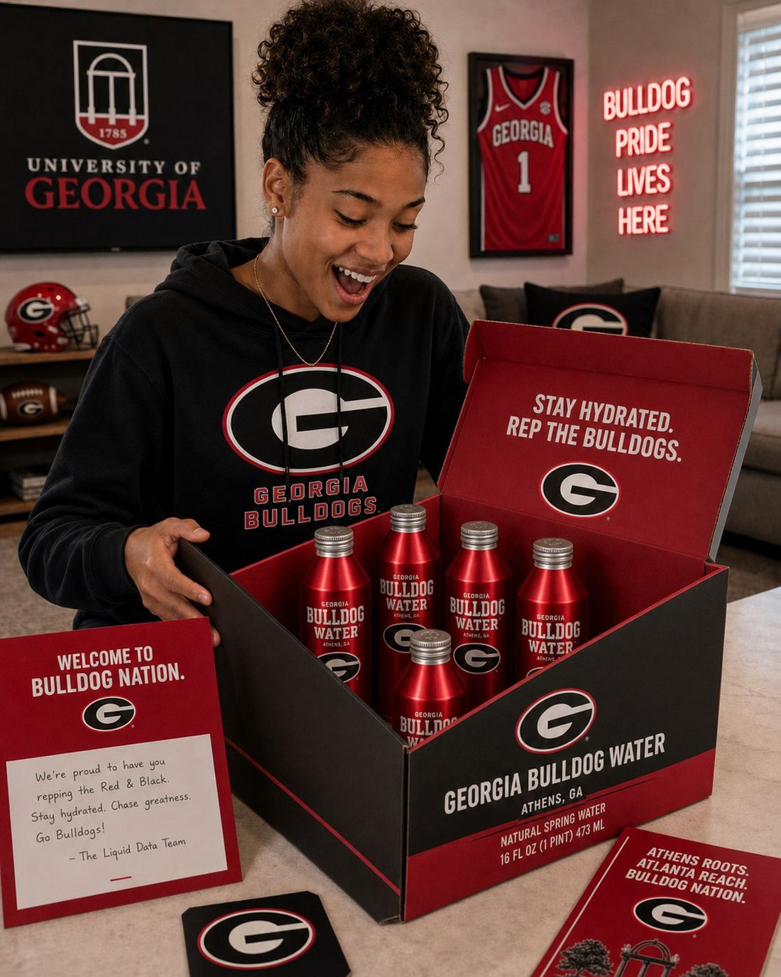 Welcome kit box of Bulldog Water with Georgia branding